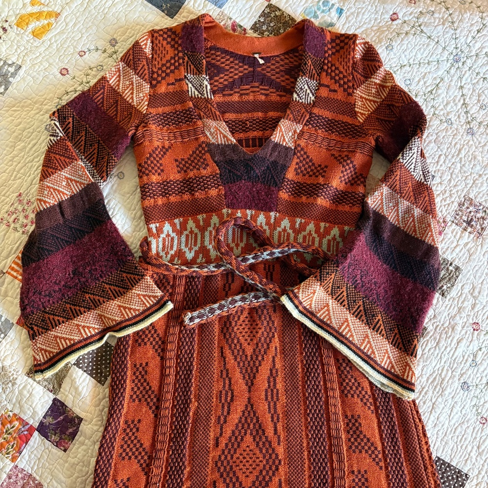 Free People patchwork boho long sleeve wool dress